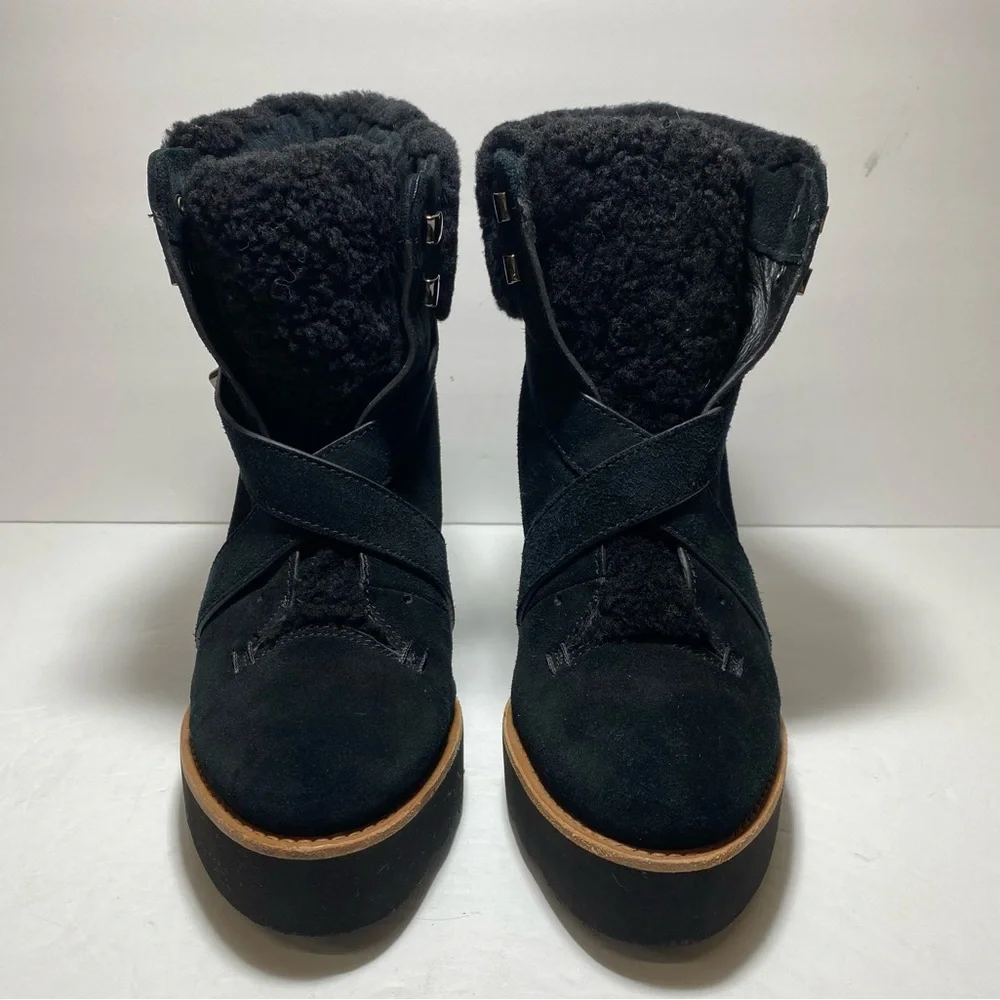 Coach Kenna Shearling Suede Black Leather  Wedge Booties Ankle Boots Size 7.5